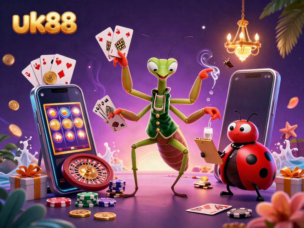 Experience interactive gaming at uk88, featuring vibrant characters like a card sharp and a pit boss in a rich casino scene.