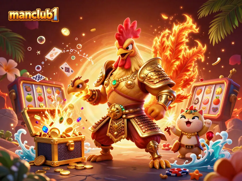 Experience thrilling action at manclub1 with this dynamic illustration of a rooster warrior and dragon hatchling amidst casino elements.