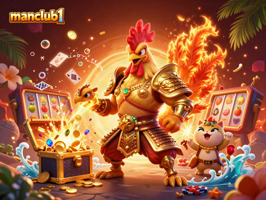 Experience thrilling action at manclub1 with this dynamic illustration of a rooster warrior and dragon hatchling amidst casino elements.