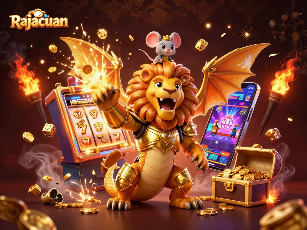 Experience the thrill of Rajacuan with a cinematic scene featuring a chimera creature and a slot machine bursting with coins.