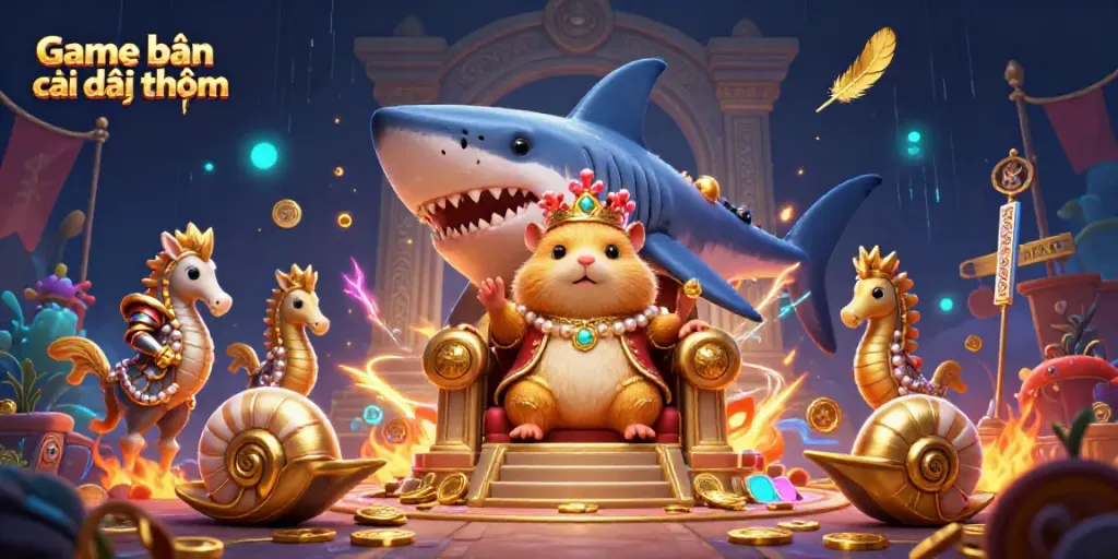 Engage in the exhilarating Game bắn cá đổi thưởng, featuring a golden hamster king and vibrant underwater companions.