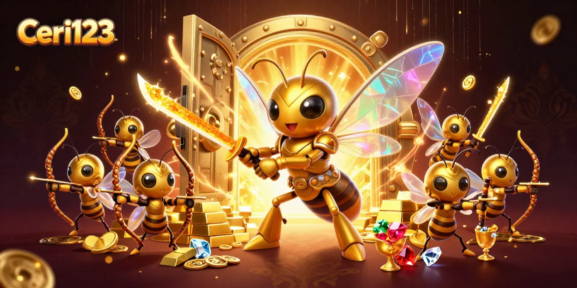 Experience thrilling wins with Ceri123 as golden hornets fight for jackpot treasure in a vibrant casino scene.