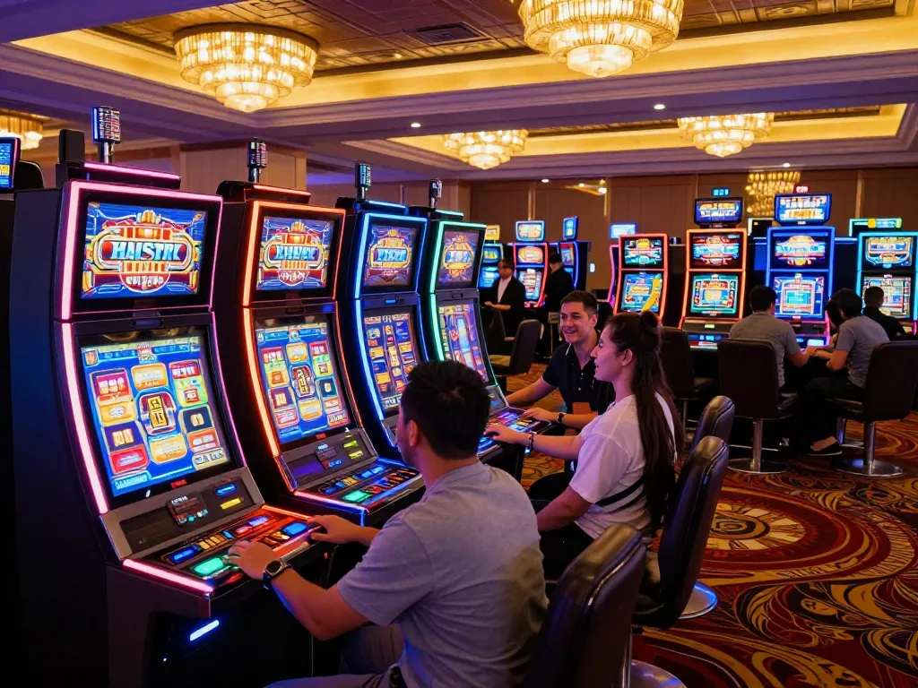 Players enjoying slot machines at a vibrant casino floor with colorful lights flashing.