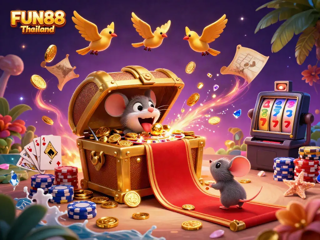 Engage in thrilling gameplay at FUN88 Thailand, surrounded by golden coins, a spinning roulette, and dynamic game elements.