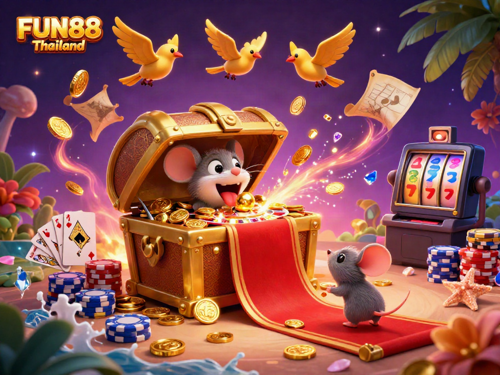 Engage in thrilling gameplay at FUN88 Thailand, surrounded by golden coins, a spinning roulette, and dynamic game elements.