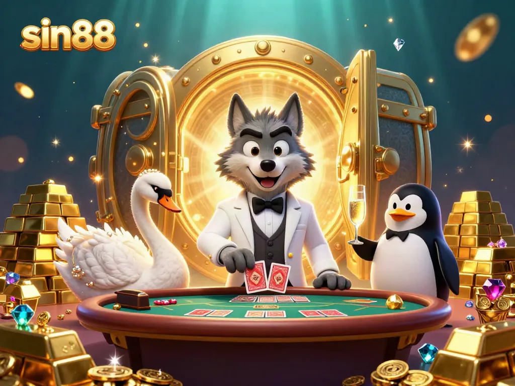 Experience the thrill of sin88 while a debonair wolf plays baccarat amidst sparkling treasures.