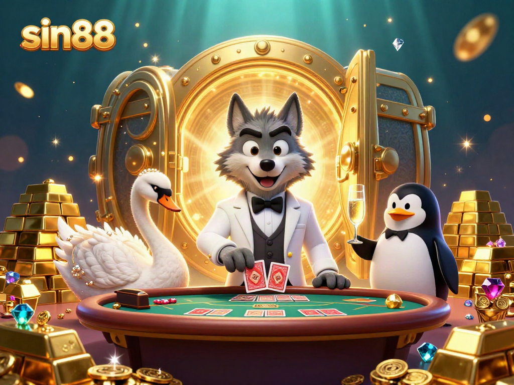 Experience the thrill of sin88 while a debonair wolf plays baccarat amidst sparkling treasures.