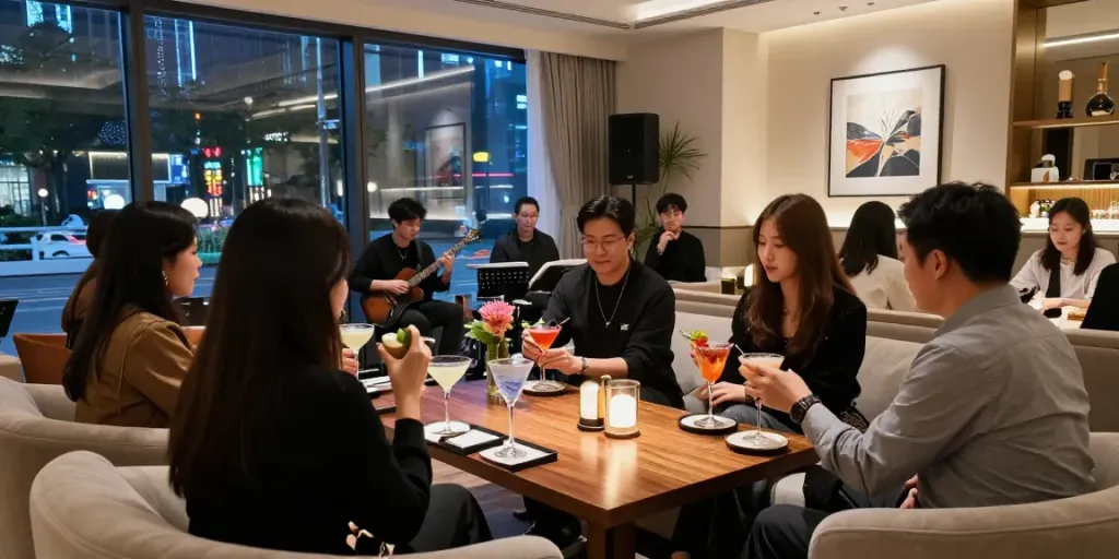강남세이렌 쩜오 고급 룸살롱의 우아한 라운지 장면, 시그니처 칵테일을 즐기는 손님들 모습과 아늑한 조명