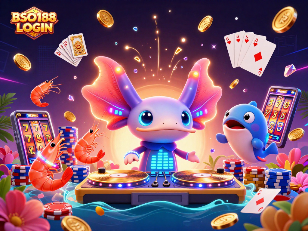 Engage with BSO188 LOGIN as a neon-colored axolotl DJ spins records amid vibrant gambling elements.