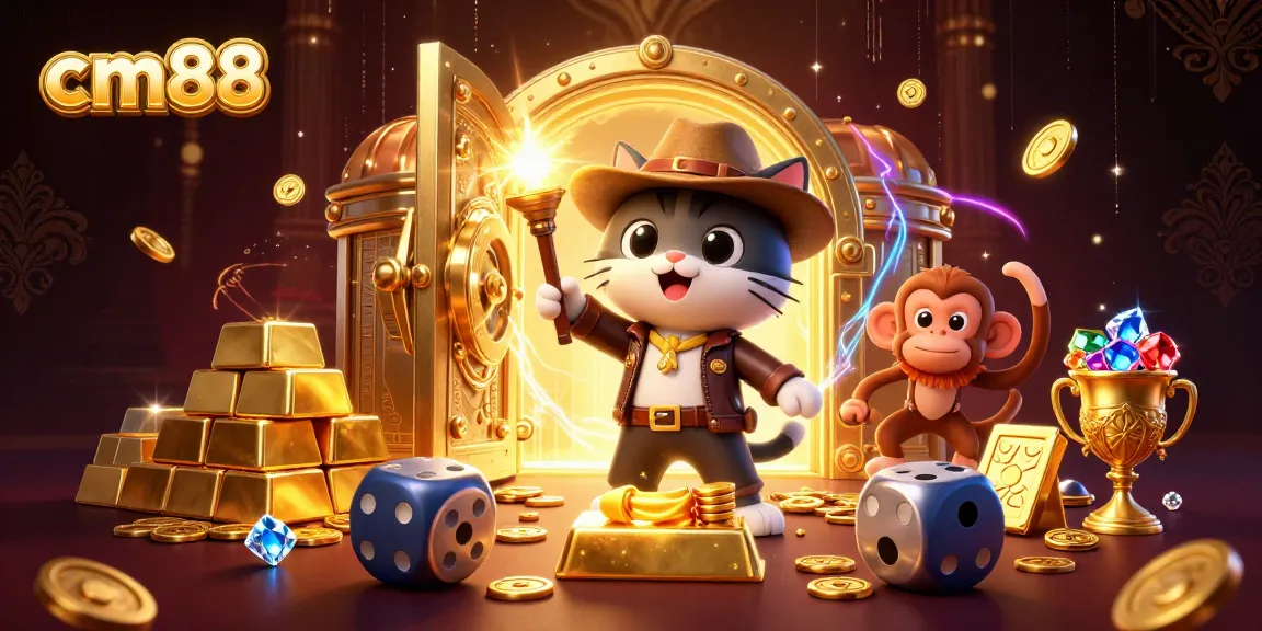 Explore thrilling casino adventures at cm88 with a dynamic scene featuring an adventurous cat and a treasure-hunting monkey.