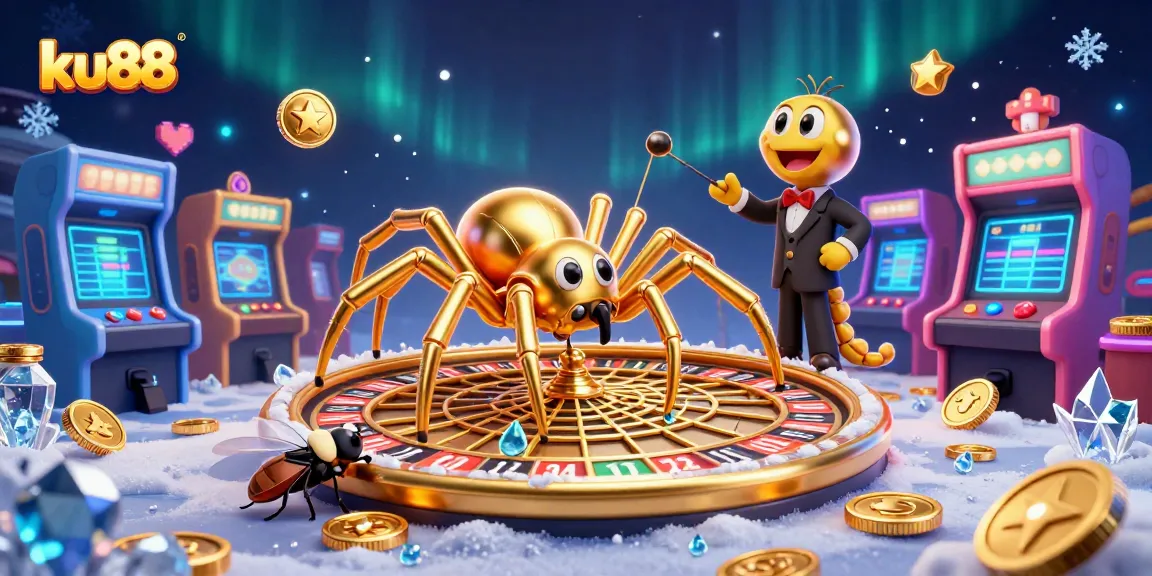 Engage in thrilling bets at ku88 with a vibrant casino scene featuring a spider-themed roulette wheel.