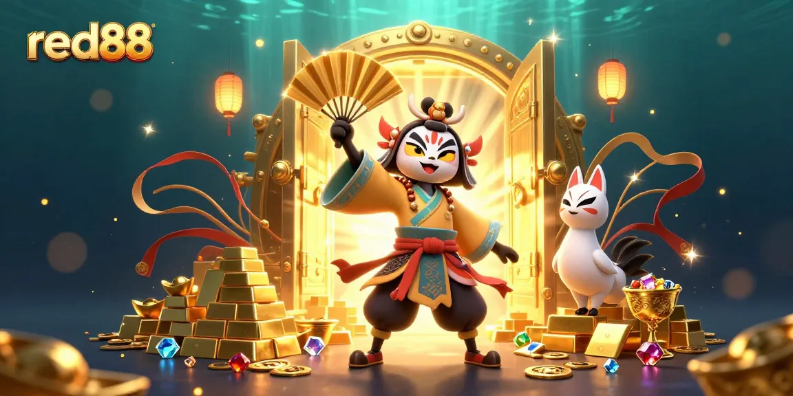 Engage with red88's epic casino experience through vibrant 3D illustration showcasing treasures and dynamic characters.