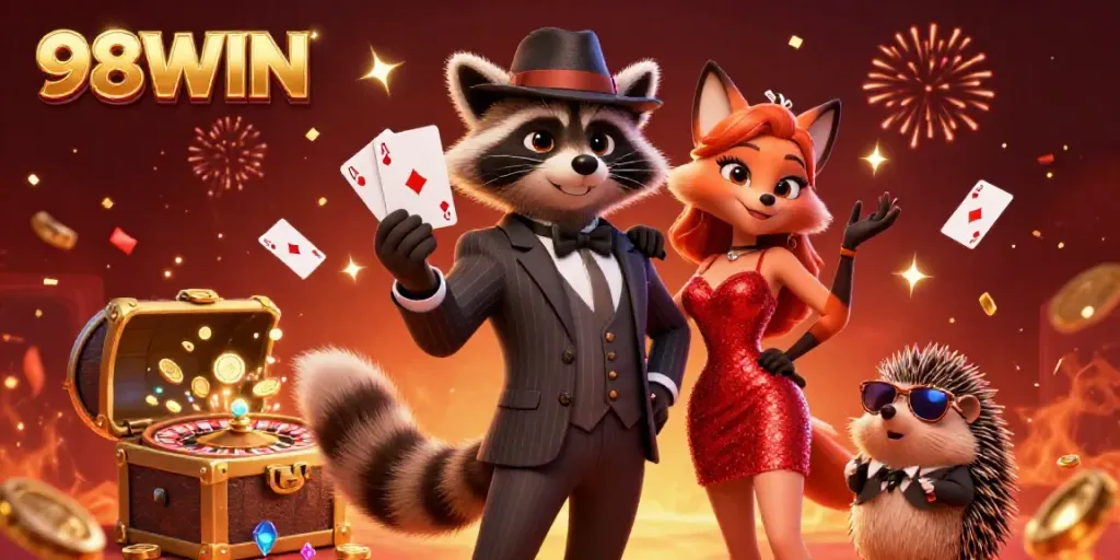 Experience the excitement of 98WIN with charming characters in a vibrant casino scene.
