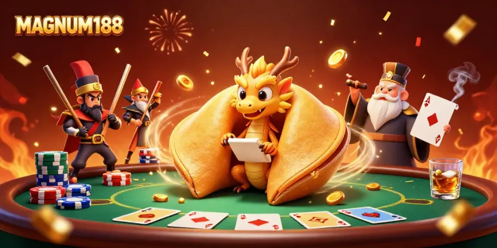 Engage with MAGNUM188's winning fortune as fortune cookies reveal hidden riches amidst vibrant casino chaos.