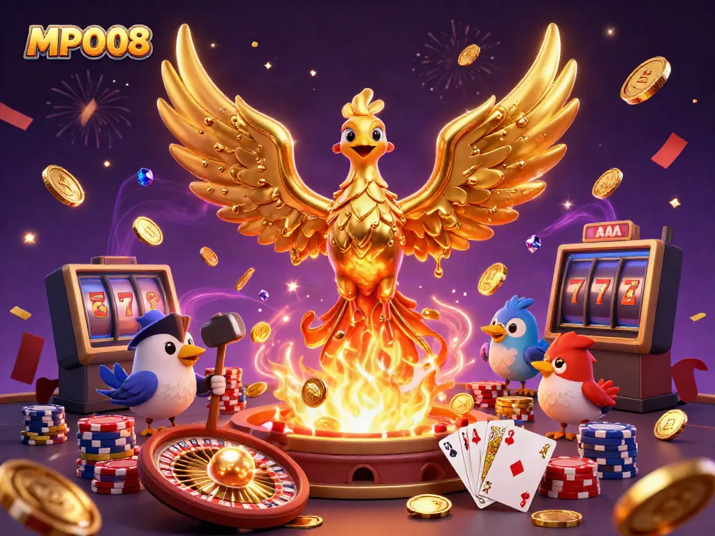 Experience the excitement of MPO08 with a golden phoenix amidst a vibrant casino scene filled with rich game elements.