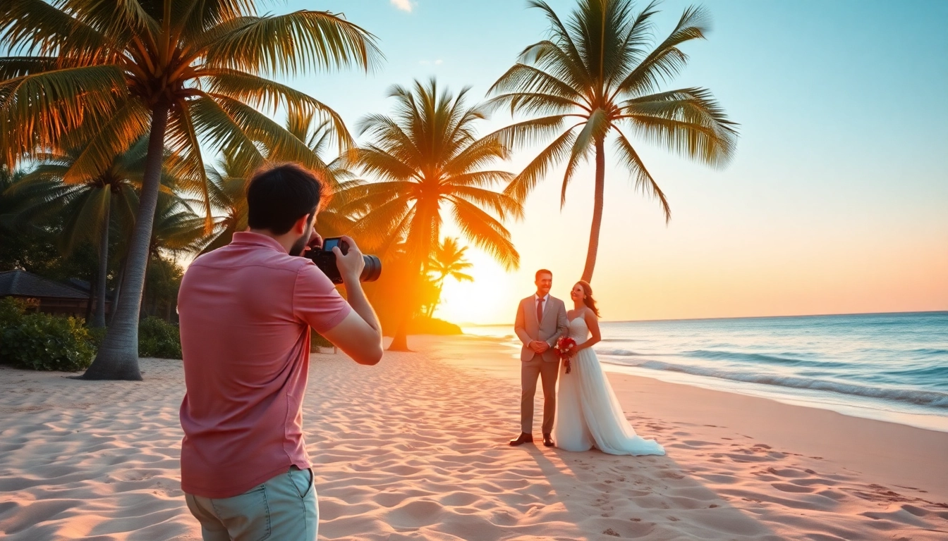 Destination photographer captures a joyful couple on a tropical beach during sunset.