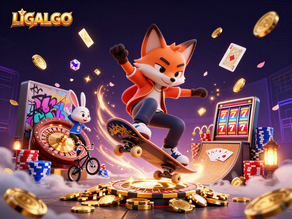 LIGALGO offers an exciting gaming experience with a vibrant scene of animated characters and casino elements.