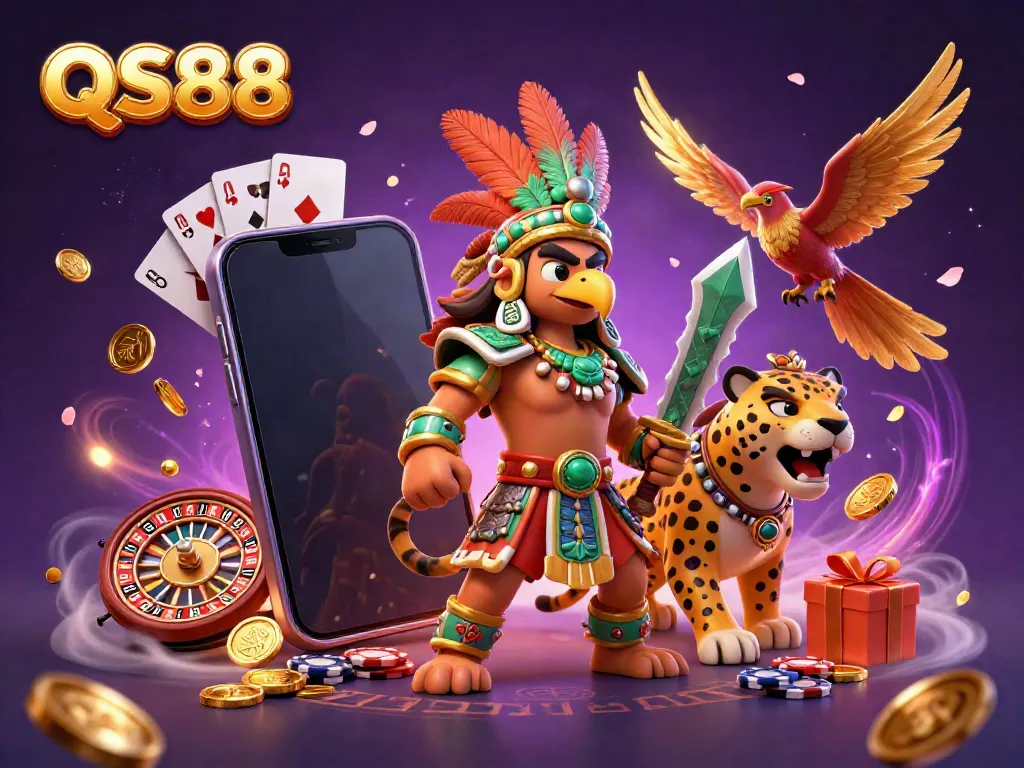 Experience vibrant casino action with QS88 featuring dynamic slot game elements and engaging Aztec warriors.
