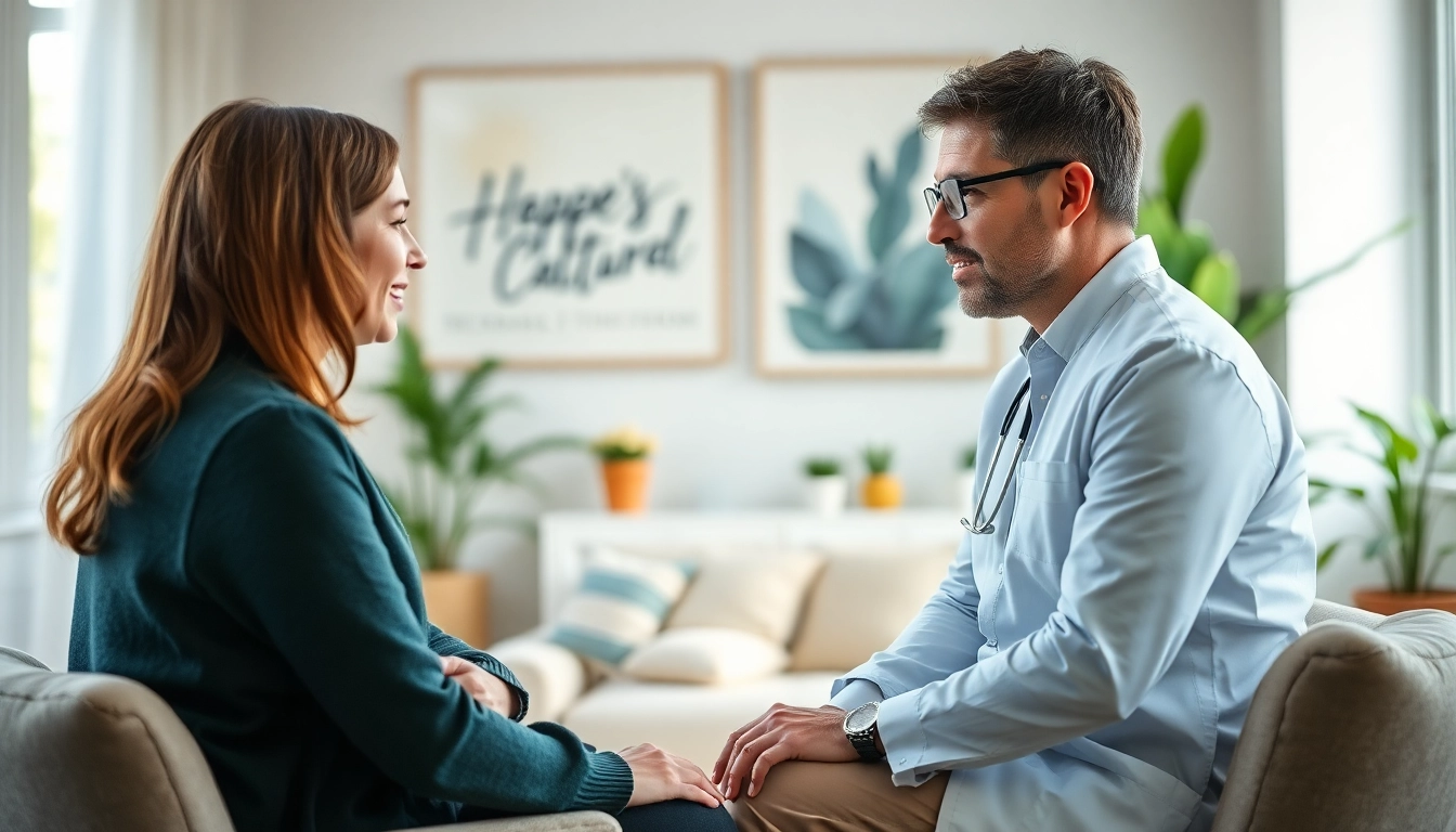 Therapist assisting a client with stress and anxiety in a tranquil setting.