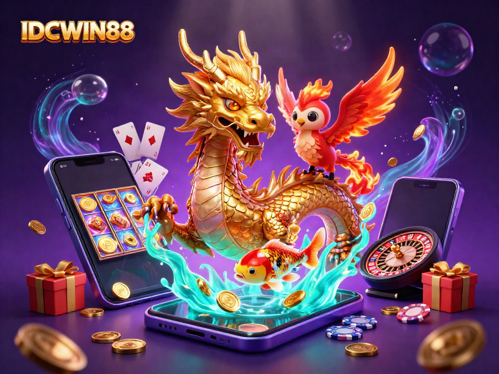 Experience exhilarating wins with IDCWIN88 featuring a dragon, phoenix, and koi amidst casino-themed excitement.