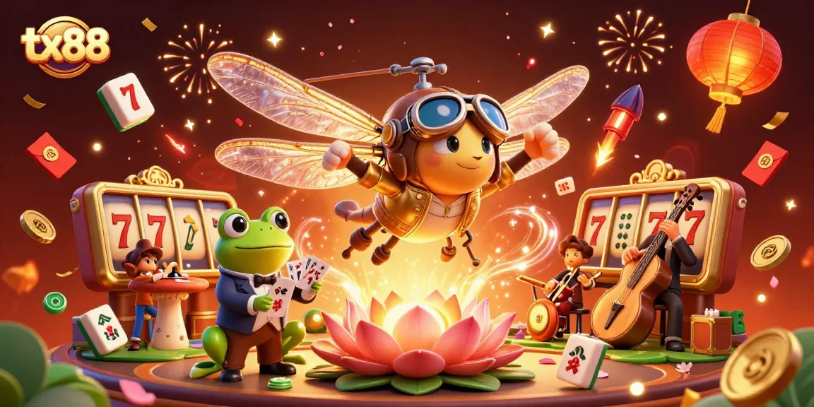 Experience the excitement of tx88 with vibrant casino action, showcasing 3D characters dealing and playing with floating slot reels.