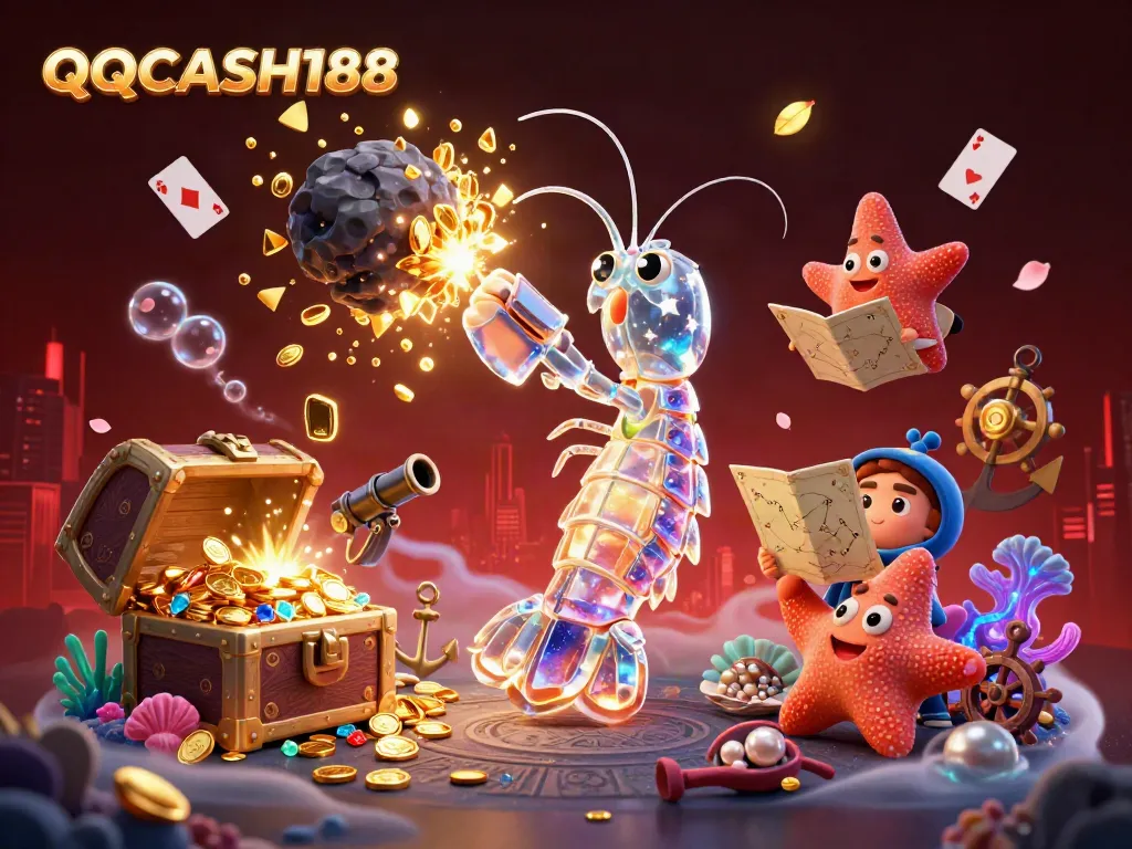 Engage with QQCASH188, where a galactic mantis shrimp battles through gems, symbolizing thrilling gaming adventures.