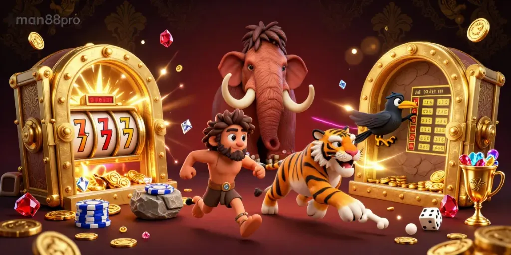 Experience the thrill of man88pro with a prehistoric casino landscape featuring exciting slot elements and treasures.