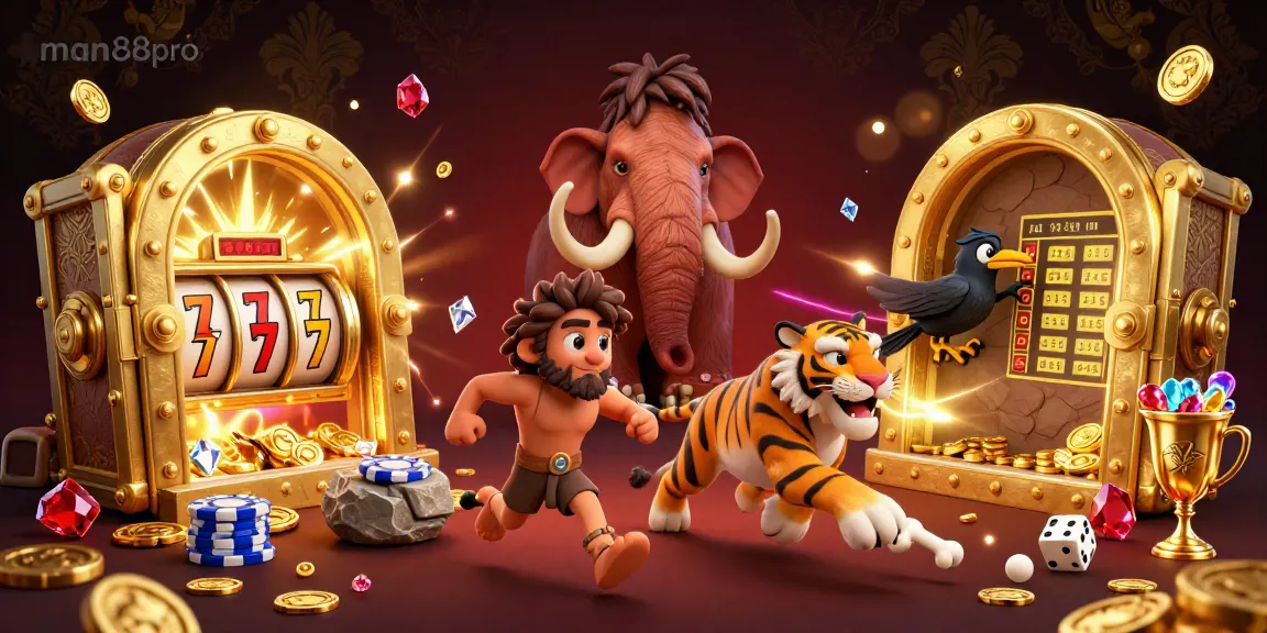 Experience the thrill of man88pro with a prehistoric casino landscape featuring exciting slot elements and treasures.