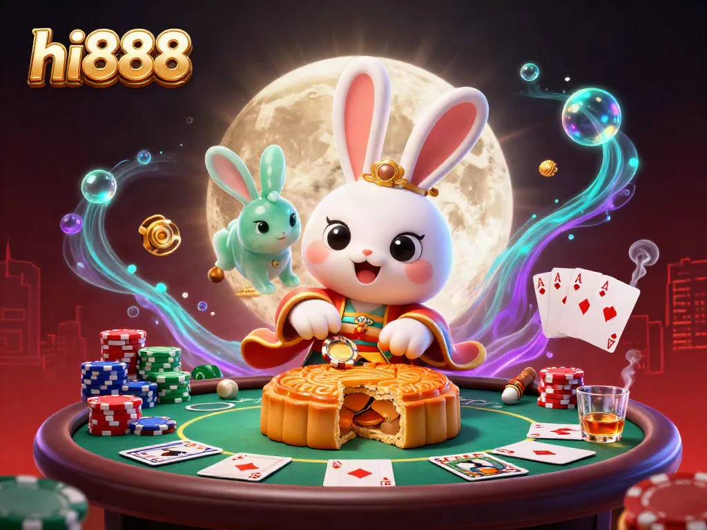 Engage with hi888's vibrant casino experience as the moon rabbit reveals poker chips inside mooncakes.