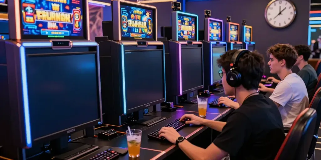 Players enjoying qqmacan online slots in a vibrant gaming setup.