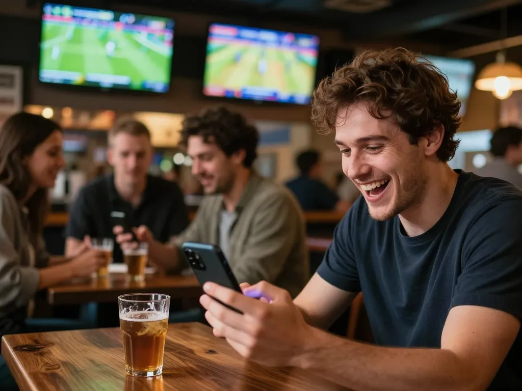 Engaged sports bettor lively placing a bet using a smartphone in a C215-enabled environment with friends around.