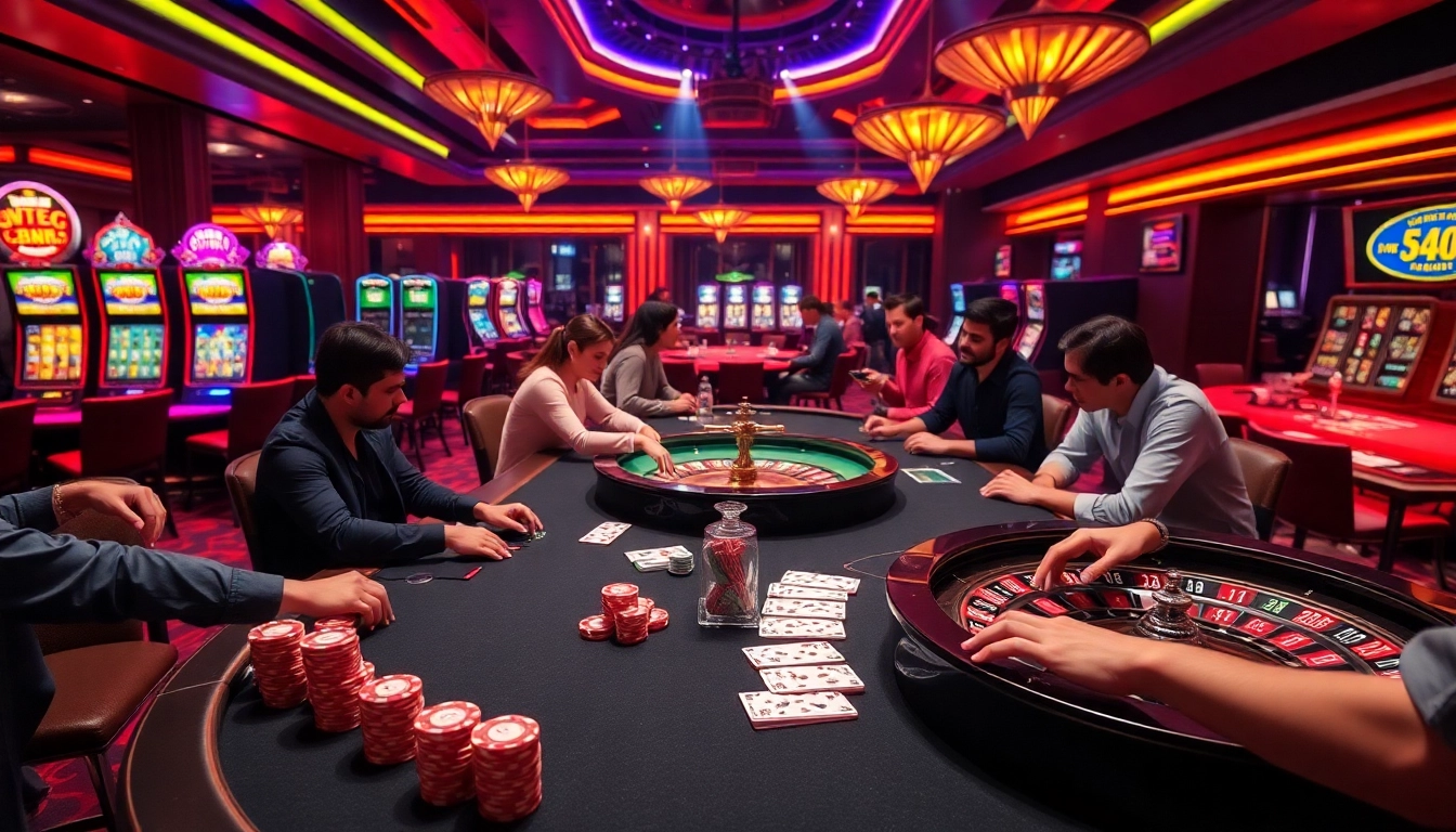 Exciting gameplay at Nhà Cái FB88, featuring a luxurious poker table and vibrant slot machines.