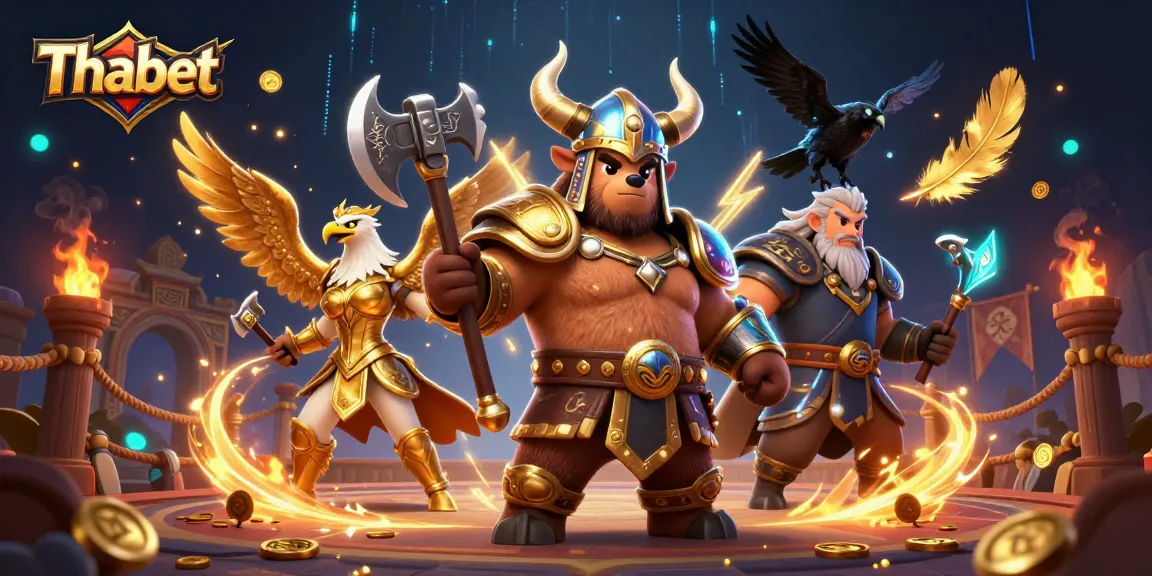 Thabet gamblers enjoy thrilling 3D casino battles with Viking and Valkyrie warriors amidst glowing runes.