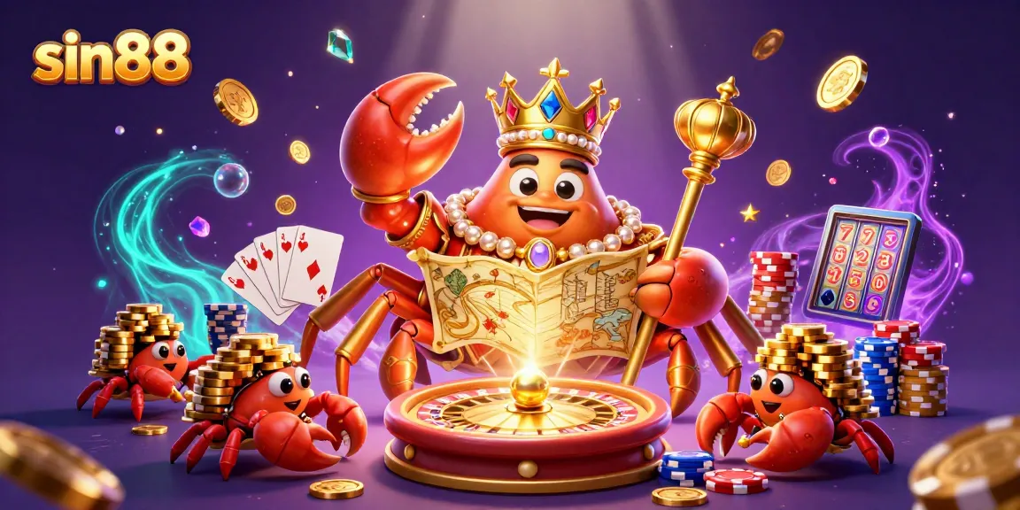 Experience the thrill of sin88 with a golden crab emperor amidst cascading coins and vibrant game elements.