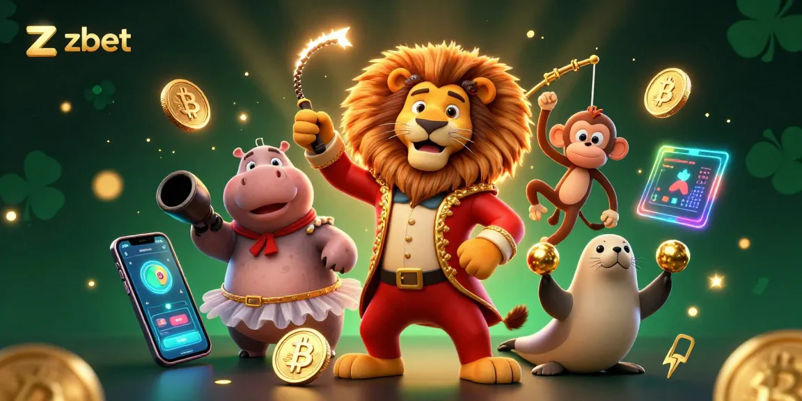 Zbet features a vibrant 3D circus scene with characters engaged in exciting gambling action, showcasing casino elements.