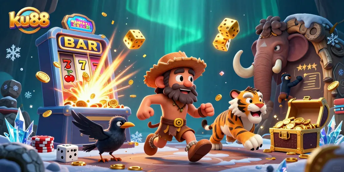 Experience the thrill of ku88 in a stunning prehistoric casino with cartoon characters and vibrant game elements.