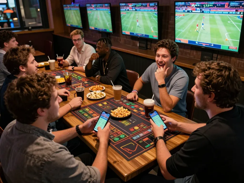 Engaged sports gambler using smartphone to place bets on mk8th, surrounded by friends and live sports screens.