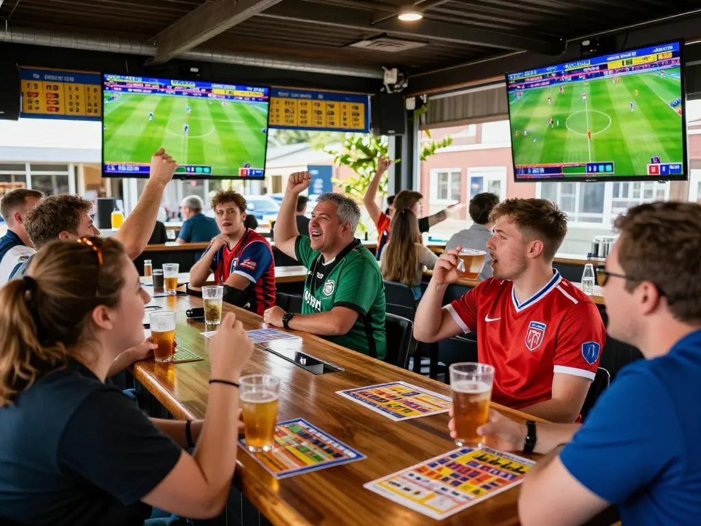 Excited fans analyzing bets and cheering at Trang chủ gk88 sports betting bar during live matches