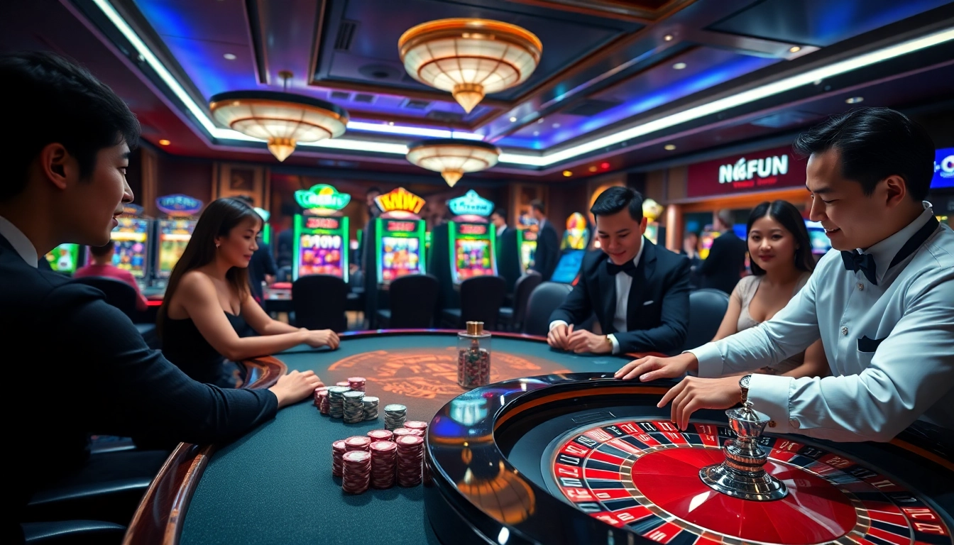 Experience thrilling gameplay at Nhà Cái OKFUN casino with poker chips and roulette.