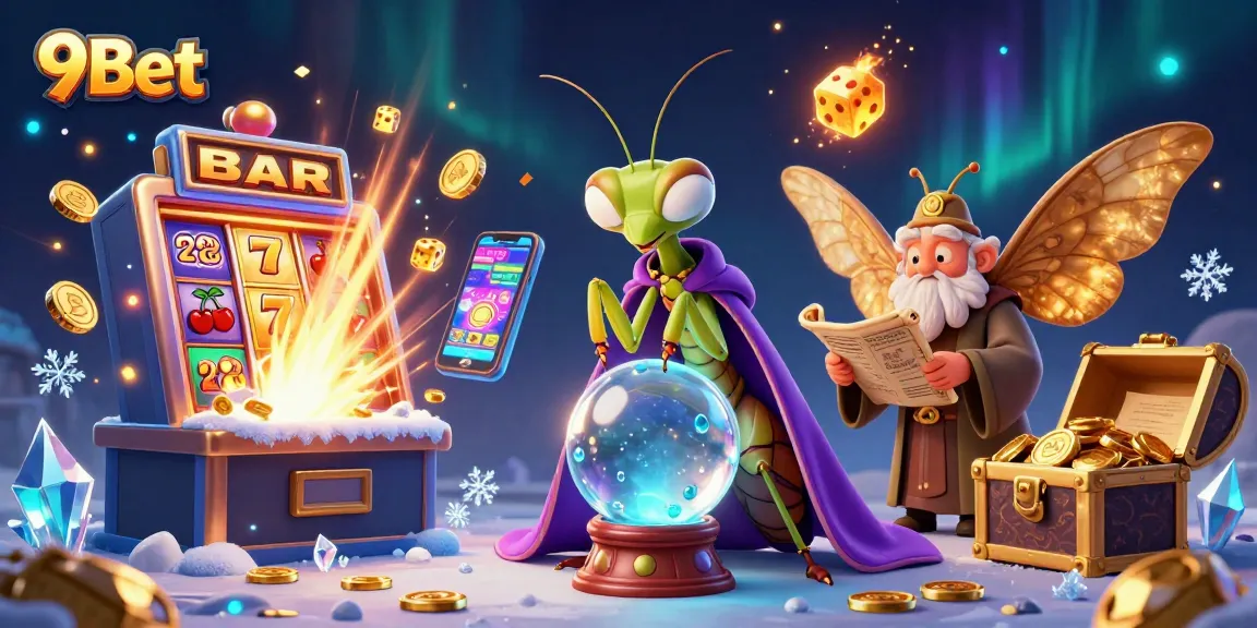 Engage with 9Bet's vibrant casino scene featuring a fortune teller and treasure-filled slot machine.