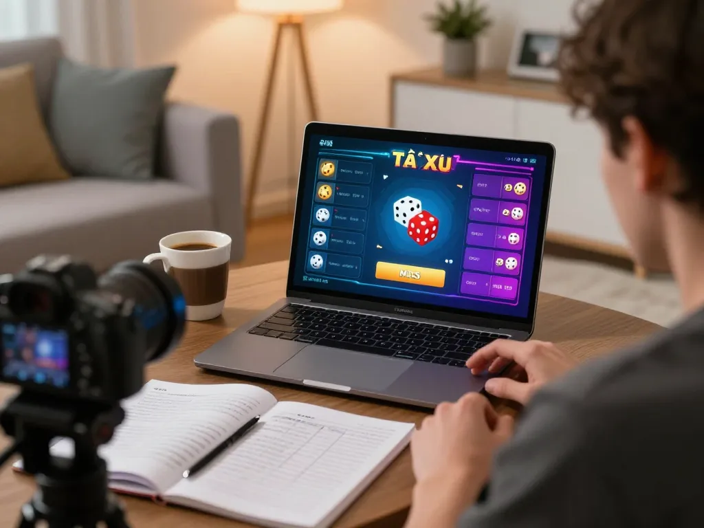 Tài Xỉu MD5 gameplay on a laptop in a cozy living room, showcasing strategic engagement and inviting atmosphere.