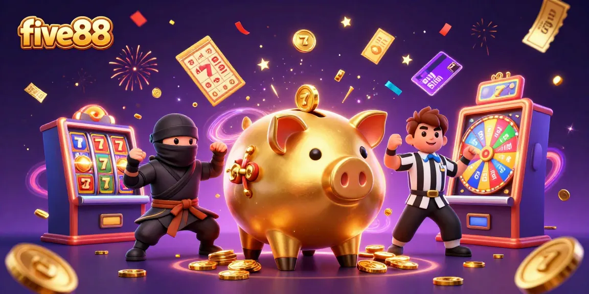 Engaging five88 casino scene with dynamic characters enjoying slot games and golden prizes.