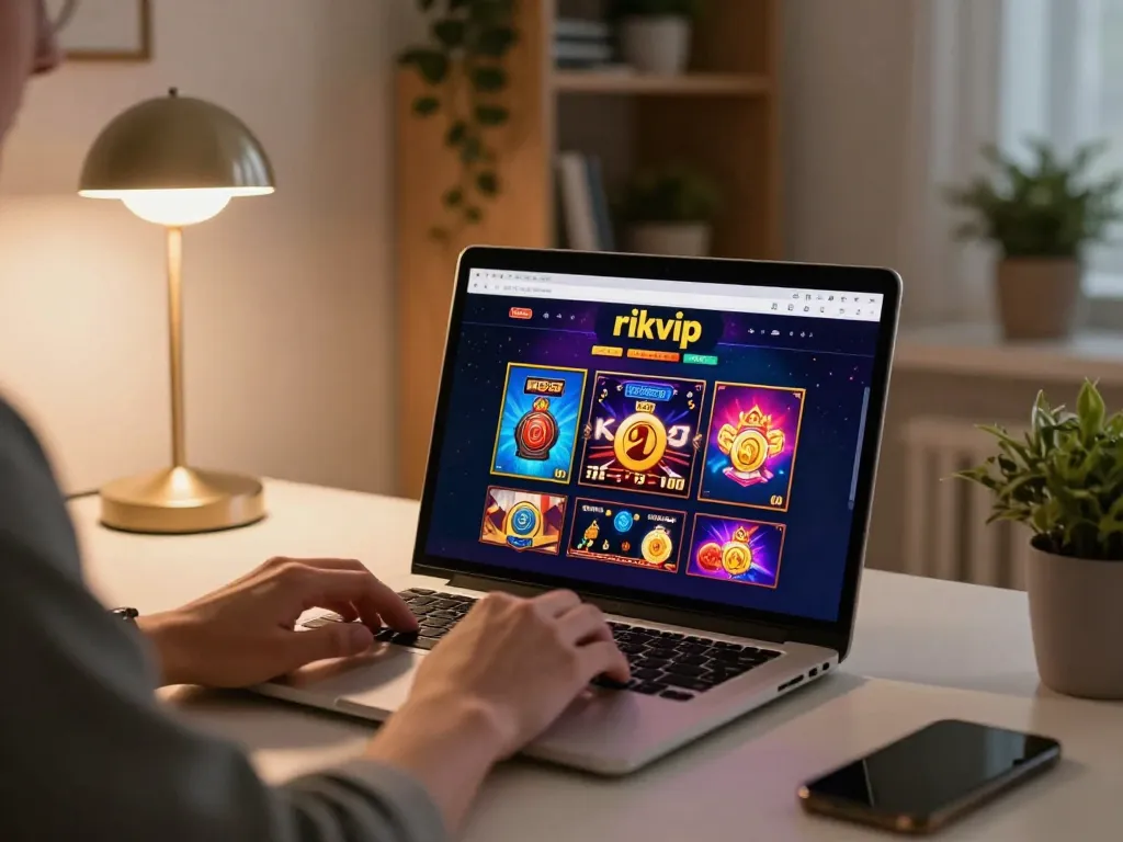 Player immersed in online gaming on rikvip with laptop at home, showcasing a cozy entertainment setup.