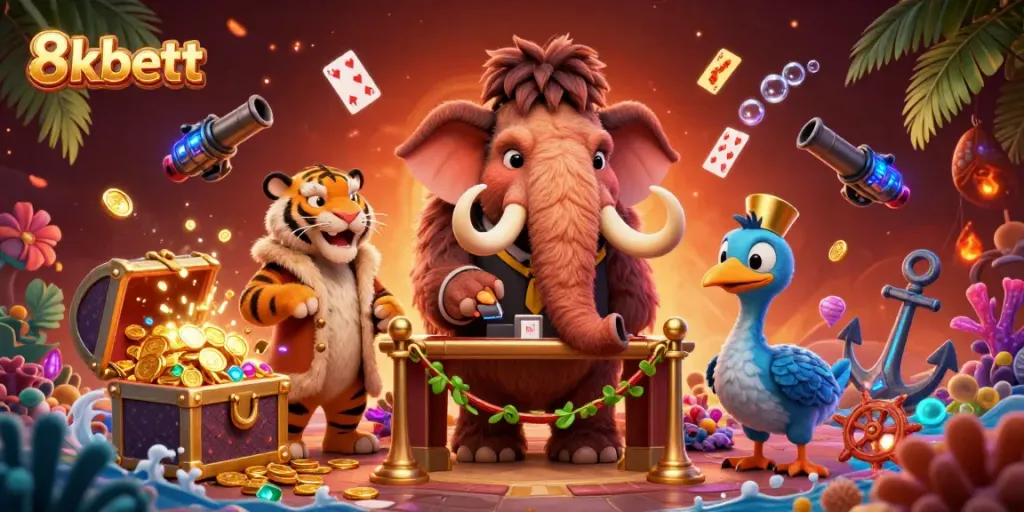 Experience casino excitement with 8xbett's vibrant scene featuring a woolly mammoth bouncer and vintage pieces.