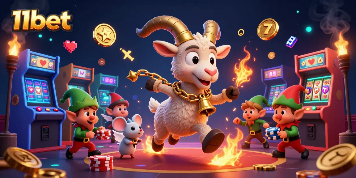 Experience the thrill of 11bet with a lively casino scene featuring Krampus, an angel mouse, and mischievous elves.