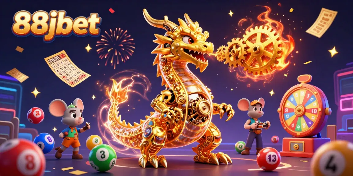 Engage with 88jbet's thrilling scene of a golden dragon, engineer, and cascading lottery elements.