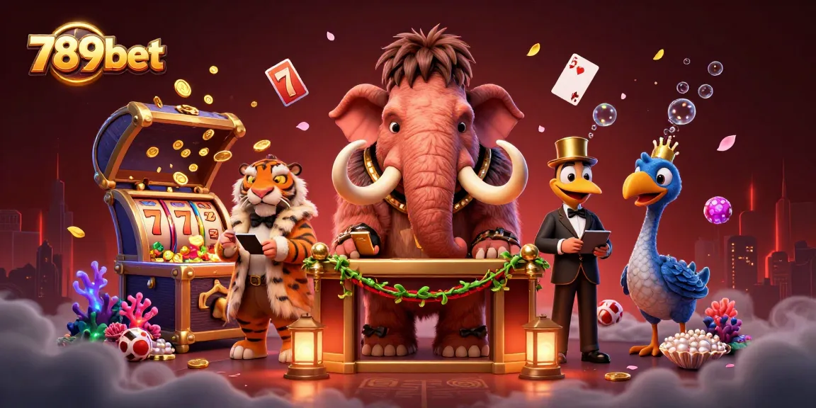 Experience excitement at 789bet with a vibrant casino scene featuring a woolly mammoth bouncer and lucky slot reels.