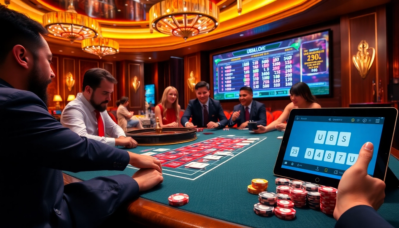 Experience the excitement of U888 Love as players engage in a thrilling casino environment with vibrant gaming tables.