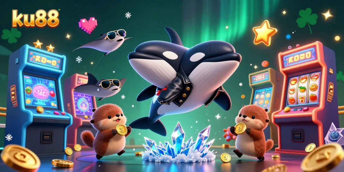 Engage with ku88's vibrant gaming scene featuring orca, stingray, and otters amidst sparkling casino visuals.