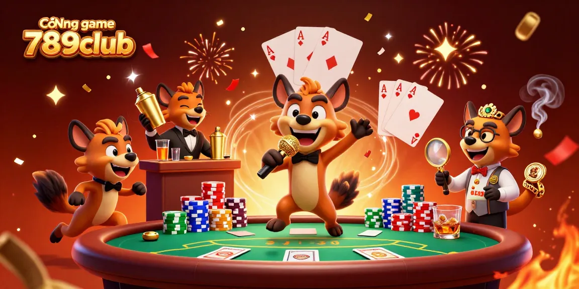 Cổng game 789club features a lively casino scene with hyenas in dramatic roles, capturing the excitement of online gaming.